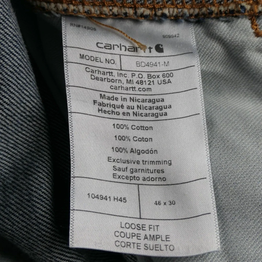 Carhartt Jeans Mens 46x30 Blue Carpenter Workwear Loose Straight Denim Dungaree